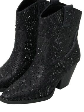 FOREVER LINK Black Rhinestone Cowboy Boots Pointed Toe Ankle Booties Size 9